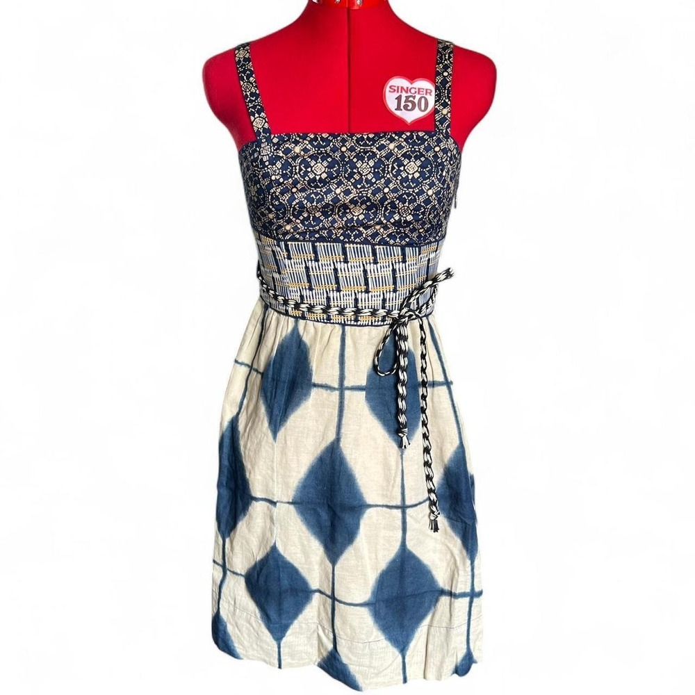 Anthropologie Maeve Magellan Mix Print Dress, blue and cream sundress Size 0